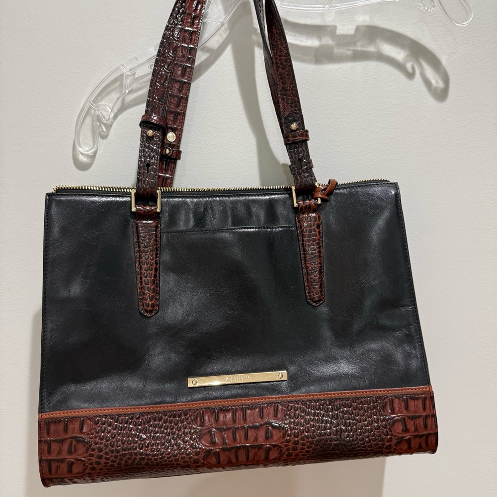 Brahmin Black and Brown Croc-Embossed Shoulder Bag